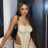 Sexy Hollow out Knitted Bra Top High Waist Wrap Hip Short Skirt Set