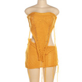 Sexy Hollow out Knitted Bra Top High Waist Wrap Hip Short Skirt Set
