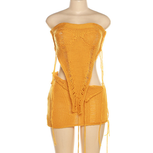 Sexy Hollow out Knitted Bra Top High Waist Wrap Hip Short Skirt Set