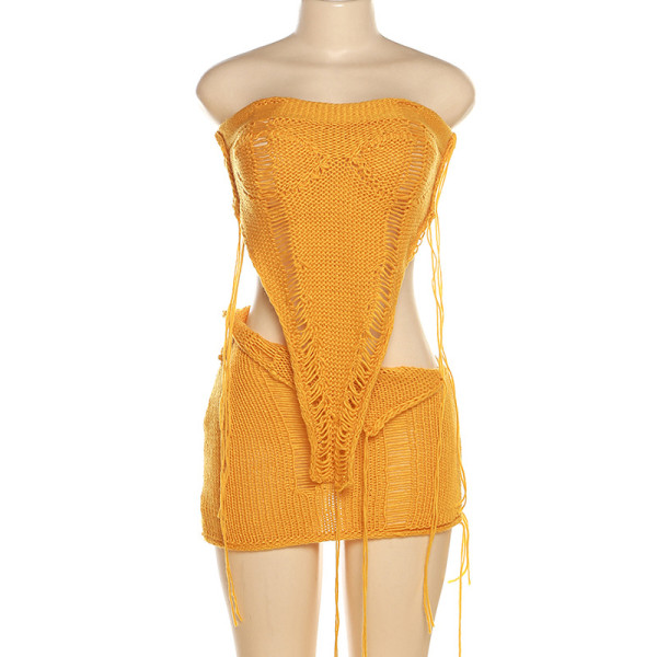 Sexy Hollow out Knitted Bra Top High Waist Wrap Hip Short Skirt Set