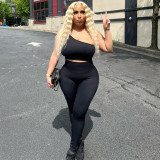 Women's Pit Stripe Solid Color One Shoulder Tank Top Pants Two Piece Slim Fit and Hip Lifting Sports Set