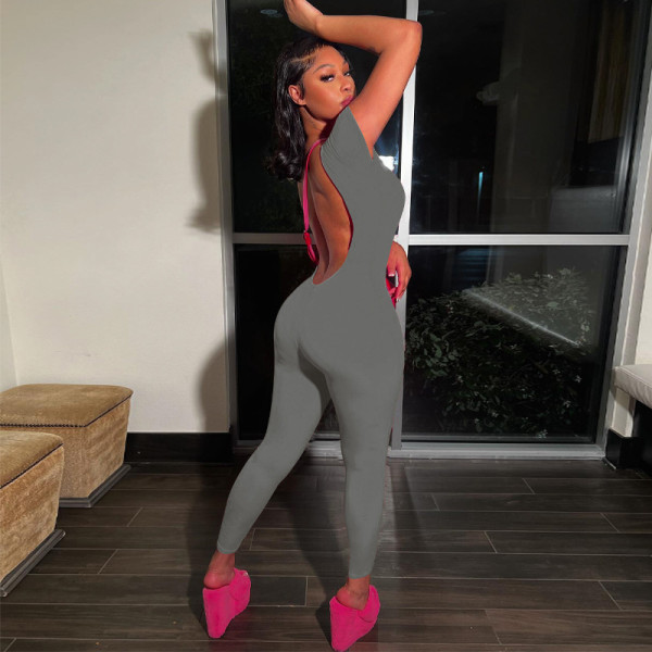 Solid color short sleeved backless slimming and hip lifting exercise fitness jumpsuit