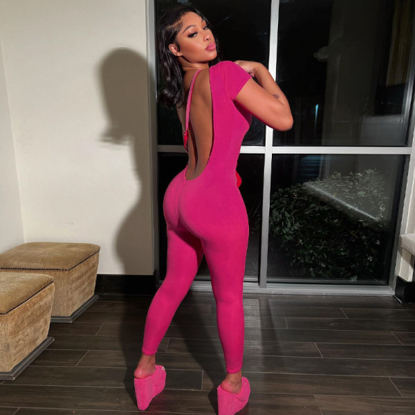 Solid color short sleeved backless slimming and hip lifting exercise fitness jumpsuit