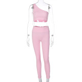 Women's Pit Stripe Solid Color One Shoulder Tank Top Pants Two Piece Slim Fit and Hip Lifting Sports Set