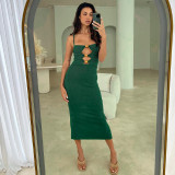 Solid color hollowed out pit stripe fashionable and sexy slim fitting suspender dress