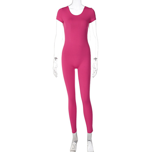 Solid color short sleeved backless slimming and hip lifting exercise fitness jumpsuit