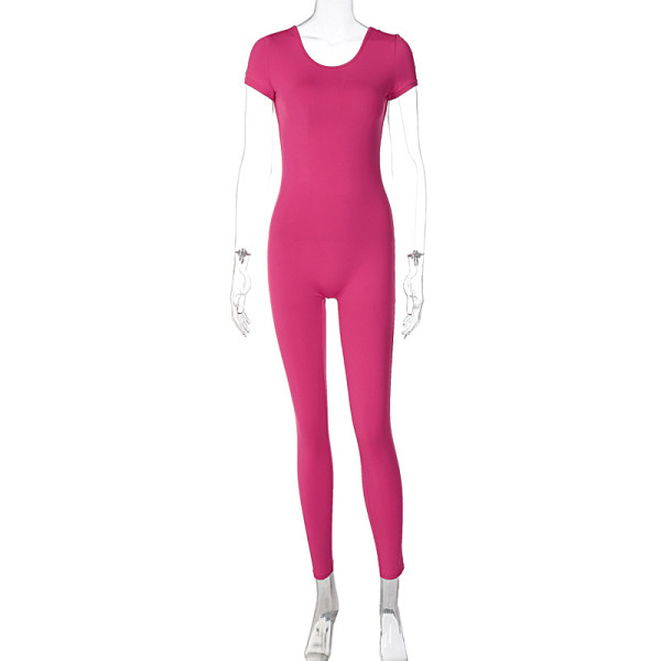 Solid color short sleeved backless slimming and hip lifting exercise fitness jumpsuit