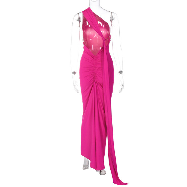 Sexy Backless Pleated Slim Fit Solid Sleeveless Dress