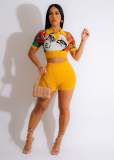 Positioning Print Polo Collar Short Sleeve Top Shorts Set Two Piece Set