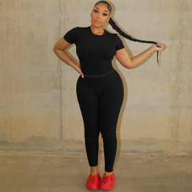 Fashion Open Umbilical Round Neck Short Sleeve Top Slim Fit Pants Set