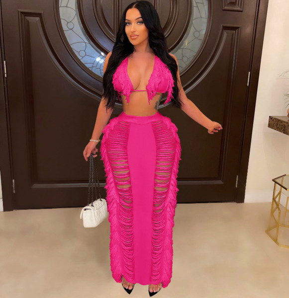Women's sexy tassel knitted beach skirt set