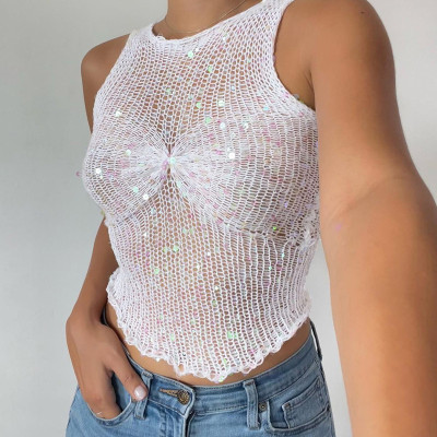 Fashionable and Sexy Hollow Open Button Round Neck Sleeveless Top