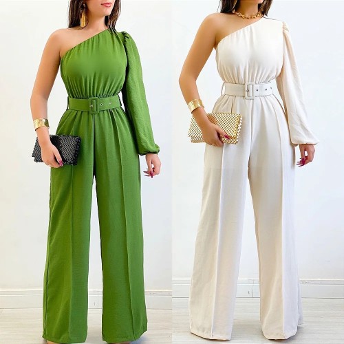 Diagonal collar single sided long sleeved high waisted wide leg jumpsuit with waistband