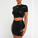 Fashion round neck exposed navel short sleeved top slim fitting skirt set