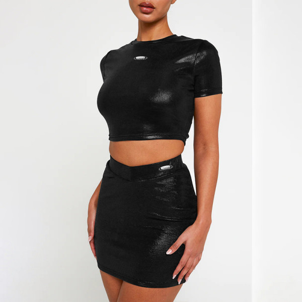 Fashion round neck exposed navel short sleeved top slim fitting skirt set