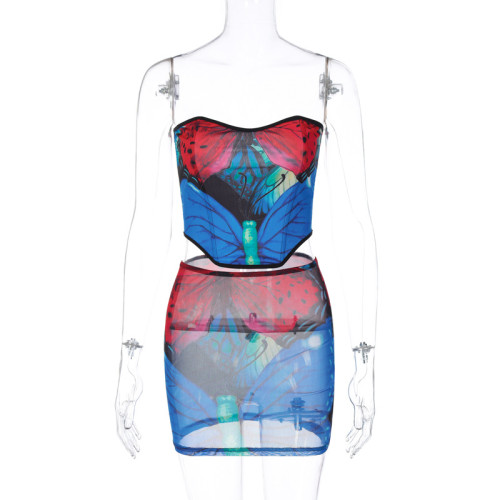 Printed back strap bra mesh slim fitting skirt set