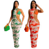 Size printed irregular mesh dress bikini three piece set
