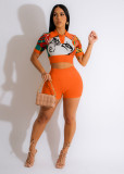 Positioning Print Polo Collar Short Sleeve Top Shorts Set Two Piece Set