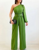Diagonal collar single sided long sleeved high waisted wide leg jumpsuit with waistband