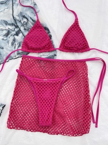 Mesh cut out fabric three piece bikini sexy swimsuit