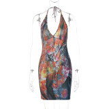 Fashion Printed Sexy V-Neck Open Back Lace Up Hip Wrap Dress