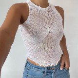 Fashionable and Sexy Hollow Open Button Round Neck Sleeveless Top