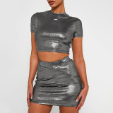 Fashion round neck exposed navel short sleeved top slim fitting skirt set
