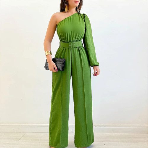 Diagonal collar single sided long sleeved high waisted wide leg jumpsuit with waistband
