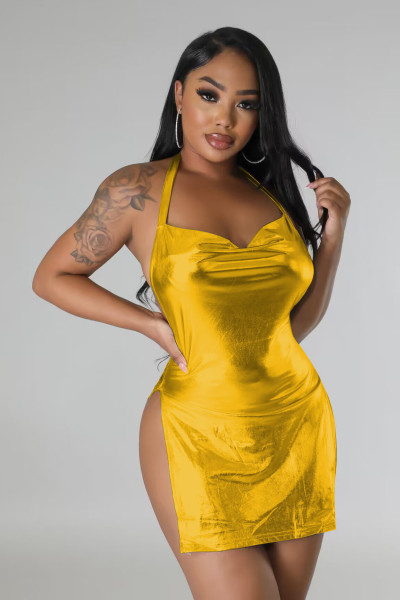 Sexy Fashion Hanging Neck Wrapped Chest Open Back Split Faux Leather Dress