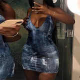 Fashion Printed Sexy V-Neck Open Back Lace Up Hip Wrap Dress