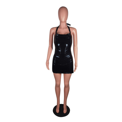 Sexy Fashion Hanging Neck Wrapped Chest Open Back Split Faux Leather Dress