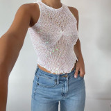 Fashionable and Sexy Hollow Open Button Round Neck Sleeveless Top