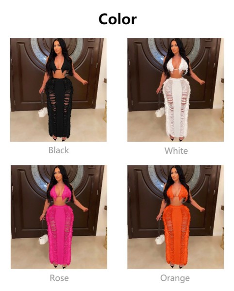 Women's sexy tassel knitted beach skirt set