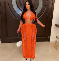 Women's sexy tassel knitted beach skirt set