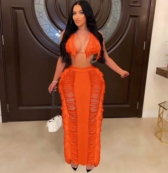 Women's sexy tassel knitted beach skirt set