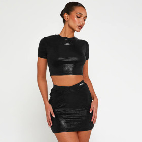 Fashion round neck exposed navel short sleeved top slim fitting skirt set