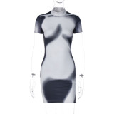 Fashion Printed Slim Fit Round Neck Short Sleeve Hip Wrap Dress