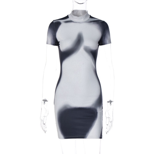 Fashion Printed Slim Fit Round Neck Short Sleeve Hip Wrap Dress