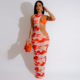 Size printed irregular mesh dress bikini three piece set