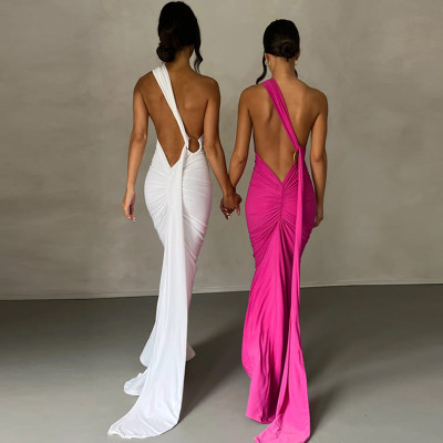 Sexy Backless Pleated Slim Fit Solid Sleeveless Dress