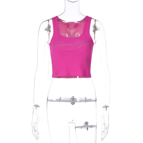 Sexy Letter Hot Diamond Round Neck Sleeveless Bra Top