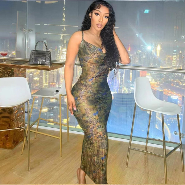 Fashionable and Sexy Printed Slim Fit Open Backpack Hip Dress