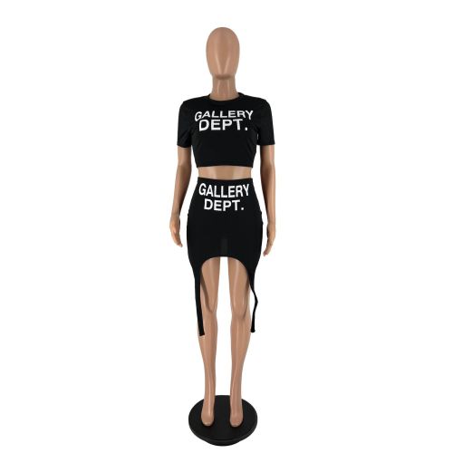 Fashion letter offset printed round neck short sleeved skirt set