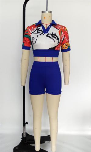 Positioning Print Polo Collar Short Sleeve Top Shorts Set Two Piece Set