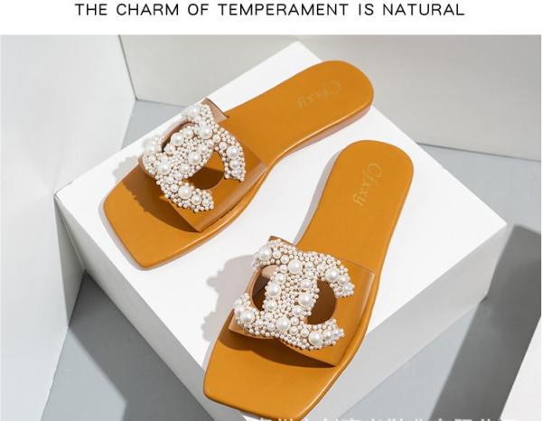 Large one line casual women's slippers, fashionable solid color pearl women's shoes