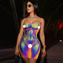 Fashionable printed sexy backless slim fitting suspender dress Fashionable printed sexy backless slim fitting suspender dress