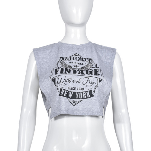 Printed Sleeveless Tank Top with Hollow Out Off Shoulder Top