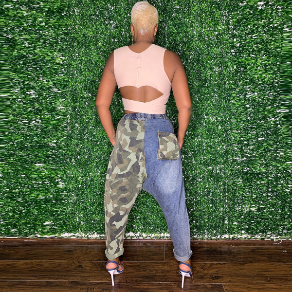 Denim Trousers New Line Contrast Color Personalized Patch Pocket Straight Leg Women's Pants