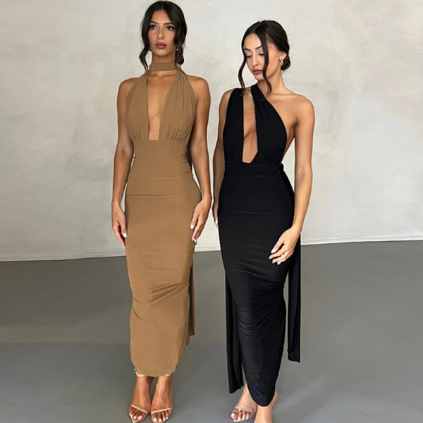 Fashionable and Sexy Deep V Open Back Pleated Split Dress