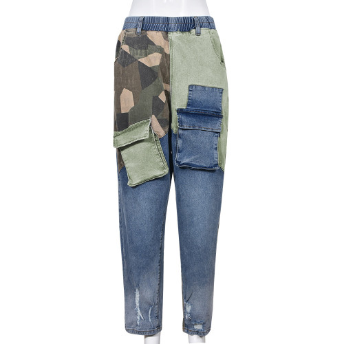 Denim Trousers New Line Contrast Color Personalized Patch Pocket Straight Leg Women's Pants